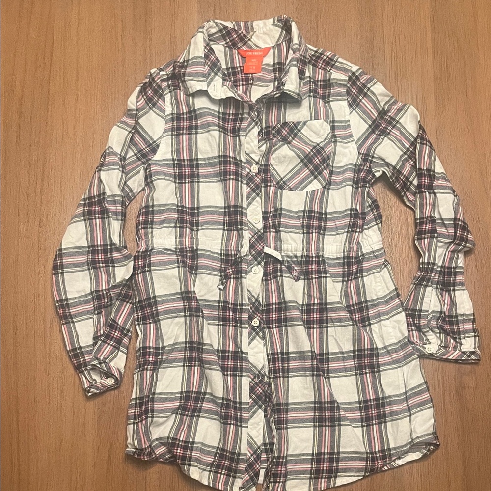 Plaid Kids shirt-dress - Red, Black and White with gold thread